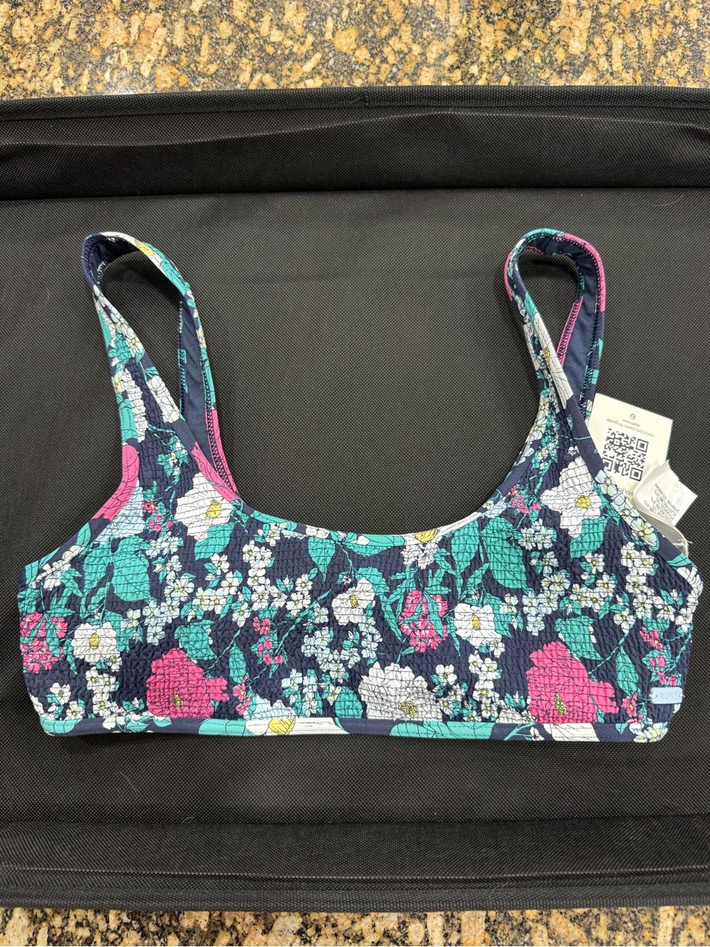 ROXY Floral Scoop Neck Bikini Top - Navy, Teal & Pink L NWT